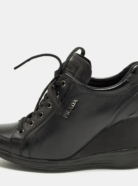 Prada Size 37 Black Leather Wedge Sneakers