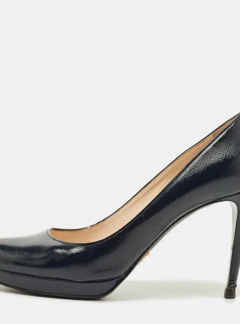 Prada Size 39.5 Navy Blue Saffiano Leather Platform Pumps