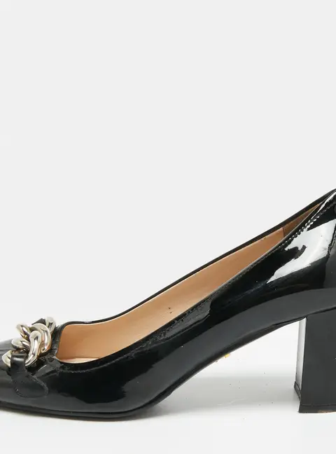 Prada Size 36.5 Black Patent Leather Chain Embellished Block Heel Pumps