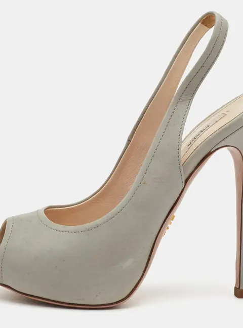 Prada Size 36 Light Grey Leather Peep Toe Platform Slingback Sandals