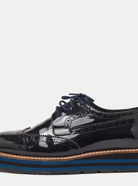 Prada Size 38 Black Brogue Patent Leather Lace Up Platform Derby Sneakers