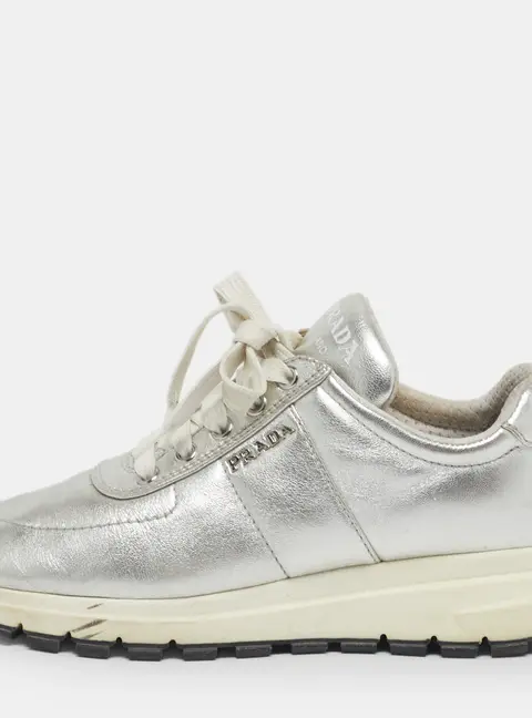 Prada Size 36.5 Silver Leather Lace Up Sneakers