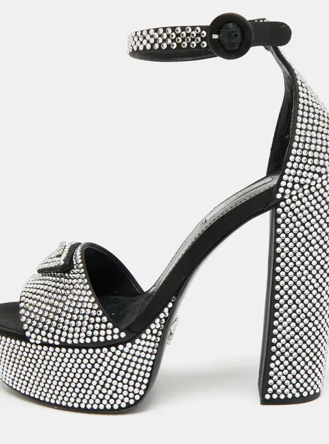 Prada Size 38 Black Satin Crystal Embellished Platform Ankle Strap Sandals