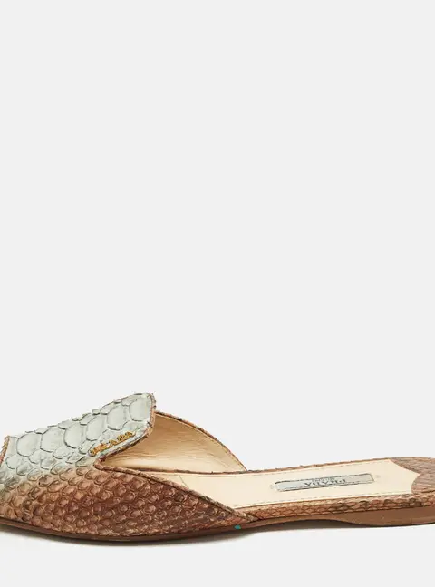 Prada Size 37 Blue/Brown Python Leather Flat Slides
