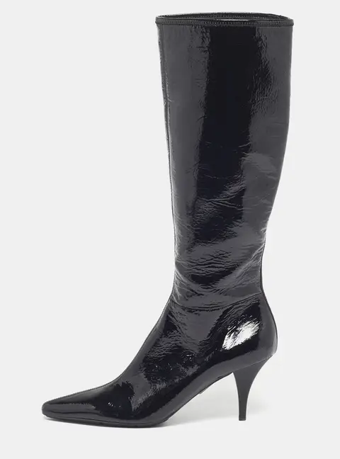 Prada Size 39 Black Patent Leather Pointed Toe Knee Length Boots