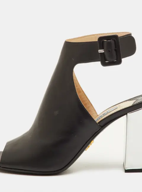 Prada Size 36.5 Black Leather Open Toe Ankle Strap Sandals
