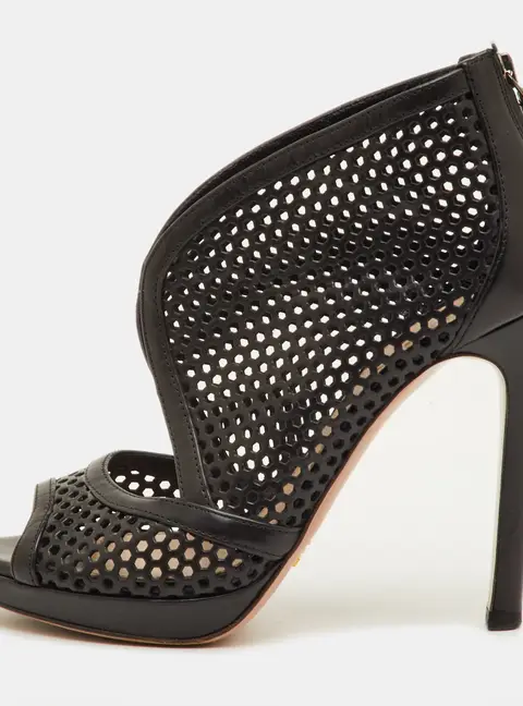 Prada Size 37 Black Perforated Leather Open Toe Ankle Booties