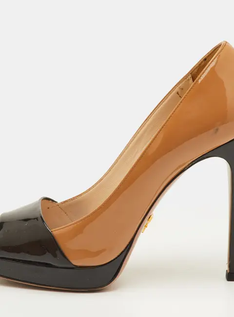 Prada Size 37 Beige/Black Patent Leather Open Toe Platform Pumps