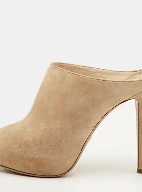 Prada Size 38 Beige Suede Peep Toe Platform Mules
