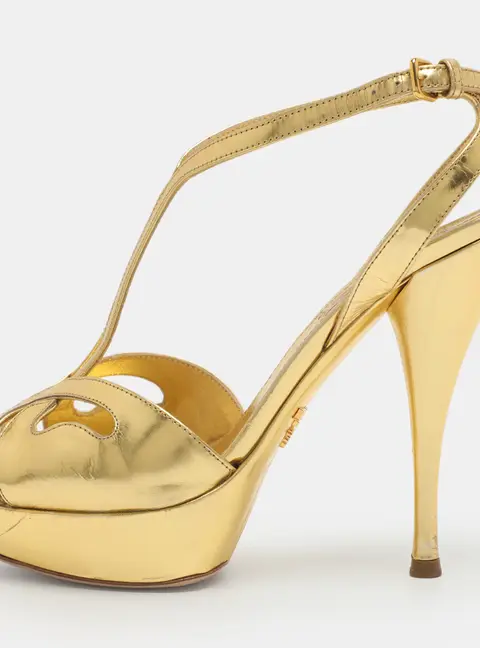 Prada Size 36 Gold Metallic Leather T-Strap Sandals