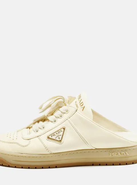 Prada Size 37.5 Cream Leather Sneaker Mules