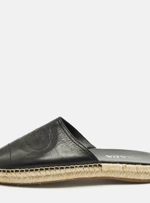 Prada Size 40.5 Black Leather Espadrille Mules