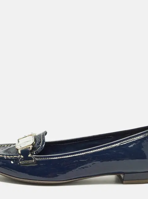Prada Bow Size 35 Navy Blue Patent Leather Crystal Embellished Slip On Loafers