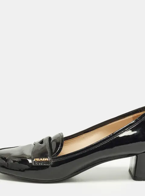 Prada Size 40 Black Patent Leather Block Heel Loafer Pumps