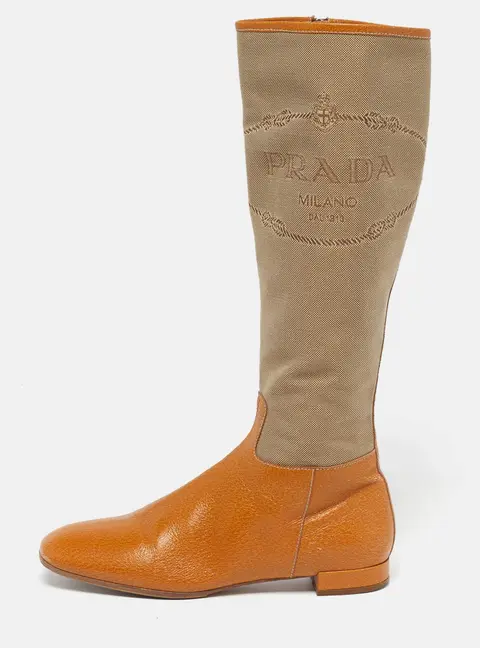 Prada Size 36.5 Brown/Beige Canvas and Leather Knee Length Boots