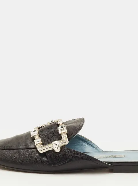 Prada Size 40 Black Leather Crystal Embellished Buckle Detail Flat Mules