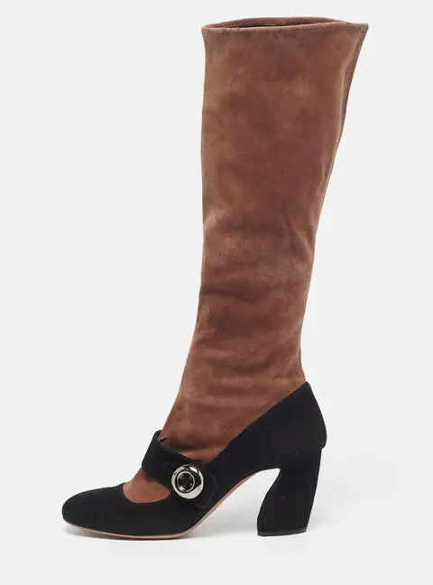 Prada Size 39 Black/Beige Suede Knee Length Block Heel Boots