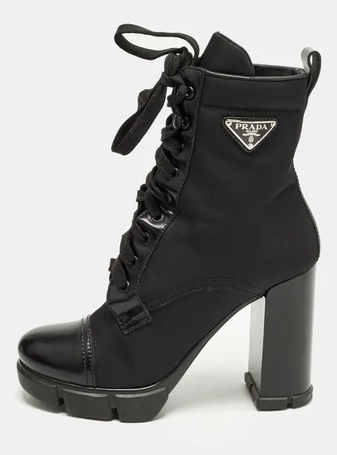 Prada Monolith Size 38 Black Leather Nylon Ankle Length Boots