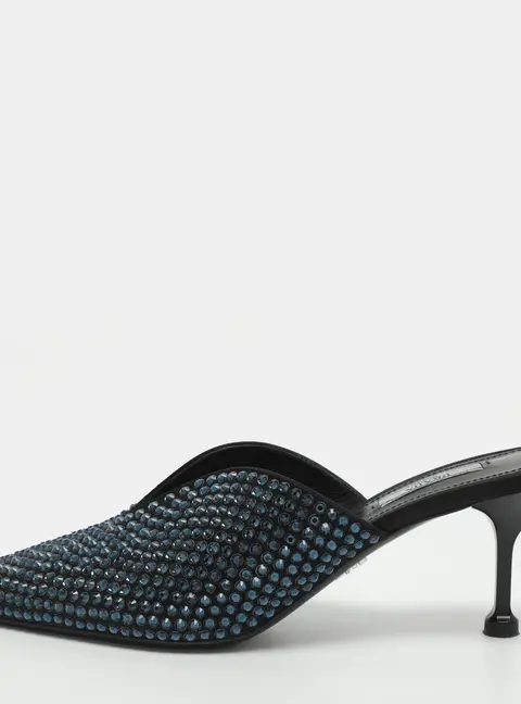 Prada Crystal Embellished Size 41 Black/Blue Satin Mules