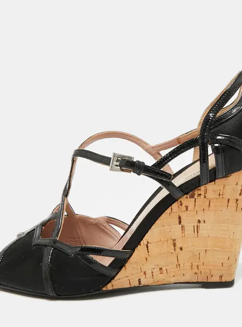 Prada Size 38.5 Black Patent Leather and Satin Wedge Sandals