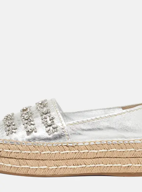 Prada Size 36.5 Silver Leather Crystal Embellished Peep Toe Platform Espadrille