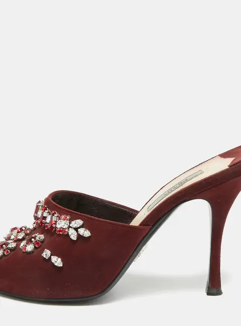 Prada Size 37.5 Burgundy Suede Crystal Embellish Mules