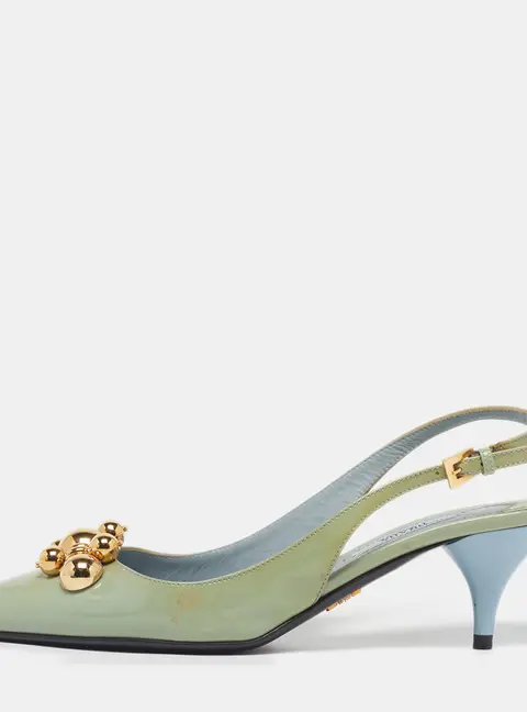 Prada Size 37 Green Patent Leather Embellished Slingback Pumps