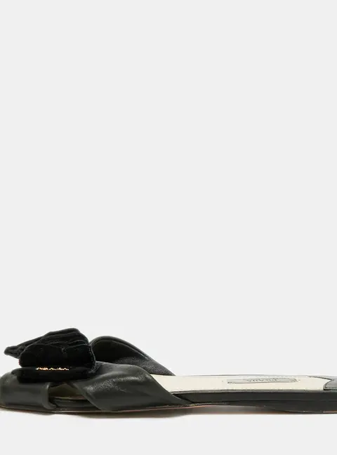 Prada Size 41 Black Leather and Velvet Bow Flat Slide