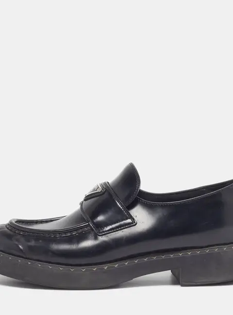 Prada Size 41 Black Brushed Leather Slip On Loafers