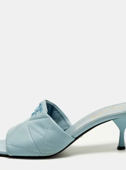 Prada Size 38.5 Blue Quilted Leather Logo Slide Sandals