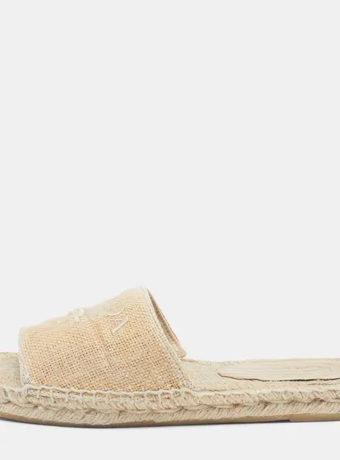 Prada Size 37 Beige Canvas Logo Espadrille Slide Flats