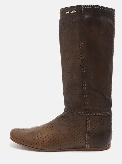 Prada Size 40 Brown Perforated Leather Vintage Mid Calf Boots