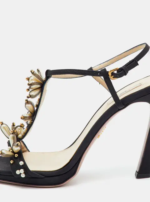 Prada Size 40.5 Black Fabric Embellished Ankle Strap Sandals