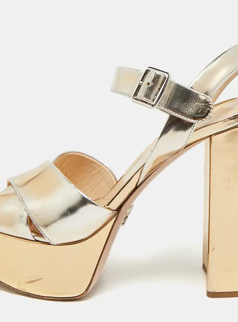 Prada Size 38 Gold Leather Platform Ankle Strap Sandals