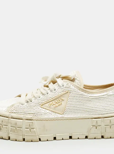Prada Size 38 White Sequins Double Wheel Platform Sneakers