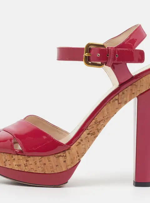 Prada Size 38.5 Pink Patent Leather Cork Platform Ankle Strap Sandals