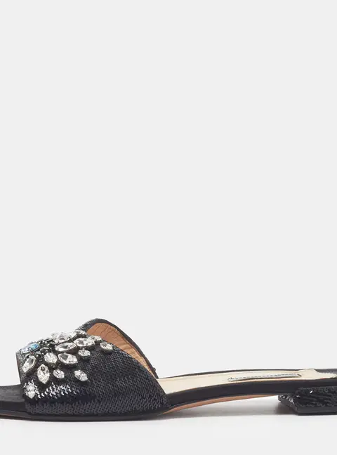 Prada Size 40 Black Sequins Crystal Embellished Flat Slides