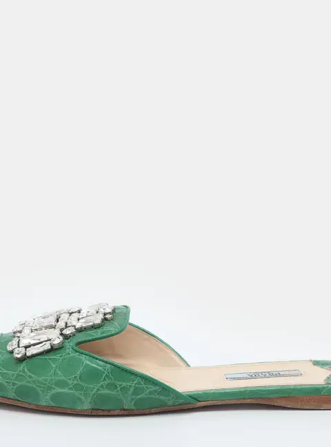 Prada Size 38.5 Green Croc Embossed Leather Crystal Embellished Slide Sandals
