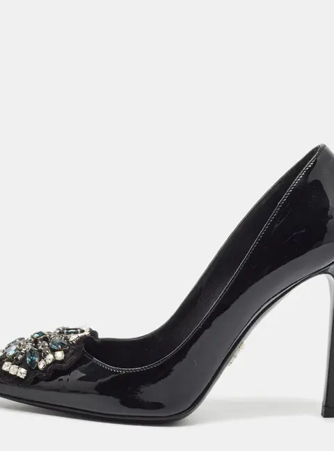 Prada Size 36.5 Black Patent Leather  Crystal Embellished Pumps