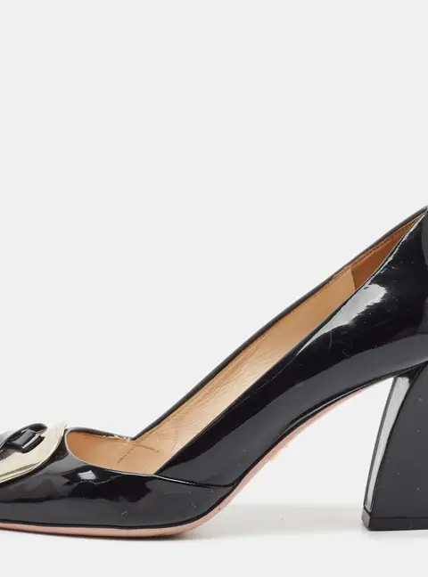 Prada Size 36.5 Black Patent Leather Block Heel Pumps