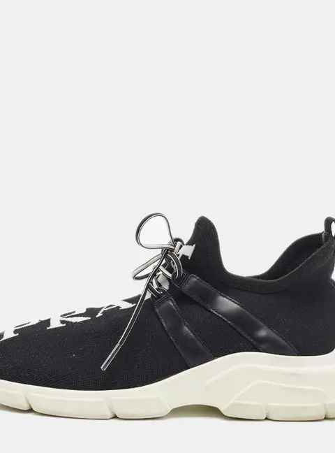 Prada Size 37.5 Black Knit Fabric and Leather Lace Up Sneakers