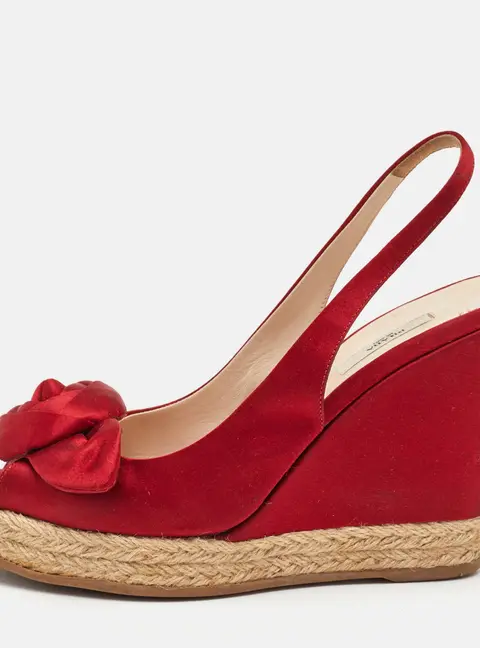 Prada Rose Size 37 Red Satin Espadrille Platform Wedge Slingback Sandals
