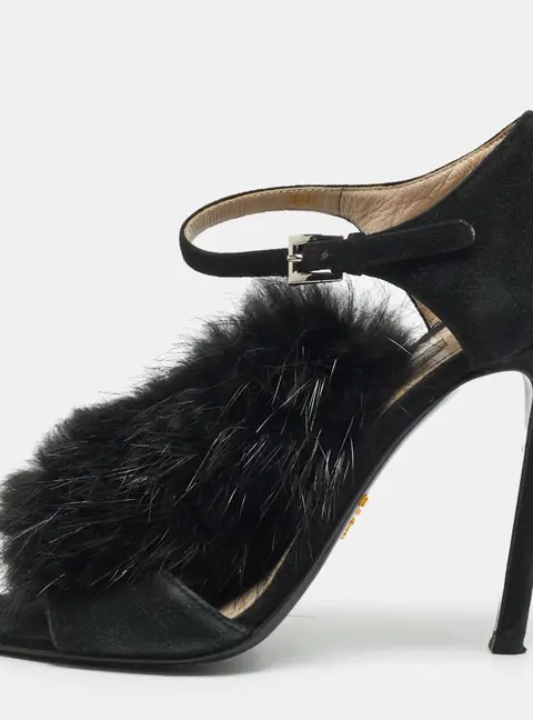 Prada Size 36.5 Black Mink Fur and Suede Ankle Strap Sandals