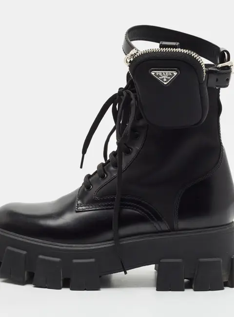 Prada Monolith Size 39 Black Leather and Nylon Combat Boots