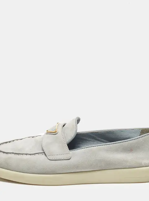 Prada Size 36.5 Light Grey Suede Logo Slip On Loafers