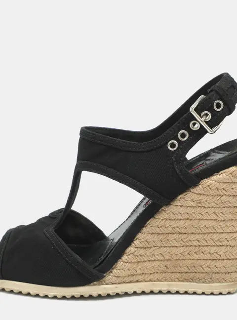 Prada Size 38 Black Fabric Slingback Wedge Sandals