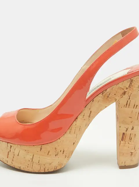 Prada Size 37 Orange Patent Leather Cork Platform Peep Toe Slingback Pumps