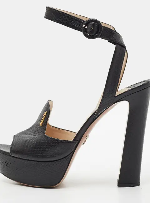 Prada Size 39.5 Black Snakeskin Leather Ankle Strap Sandals