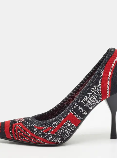 Prada Size 37.5 Navy Red/Black Knit Fabric Pointed Toe Pumps