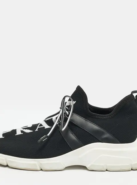 Prada Size 38 Black Knit Fabric Logo Lace Up Low Top Sneakers